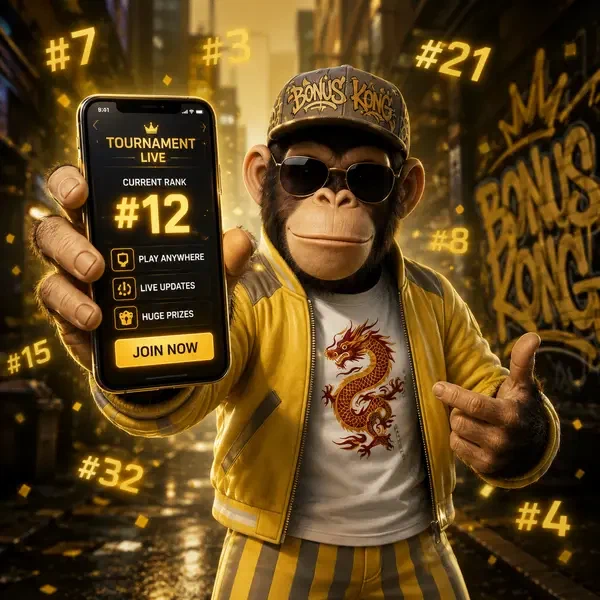 Bonus Kong controleert toernooiranglijsten op mobiele app terwijl prijsnummers om hem heen wervelen