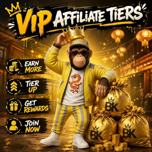 Bonus Kong toont VIP affiliate tiers met gouden kroon en beloningen bij partnerprogramma
