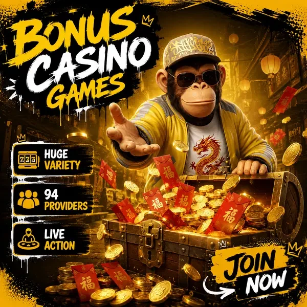 Bonus Kong Casino Games schatkist overloopend met bonus coins en rode enveloppen