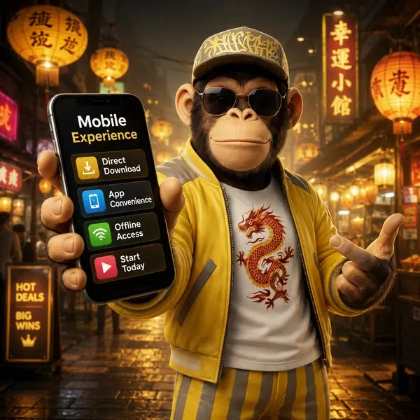 Bonus Kong Mobile Experience app gloeiend op smartphone scherm in levendige nachtmarkt setting